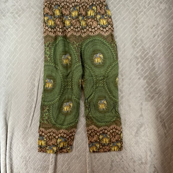 Kathmandu Imports Sz M Pants Green Colorful Elephant Baggy Boho Hippie Festival - Picture 10 of 16